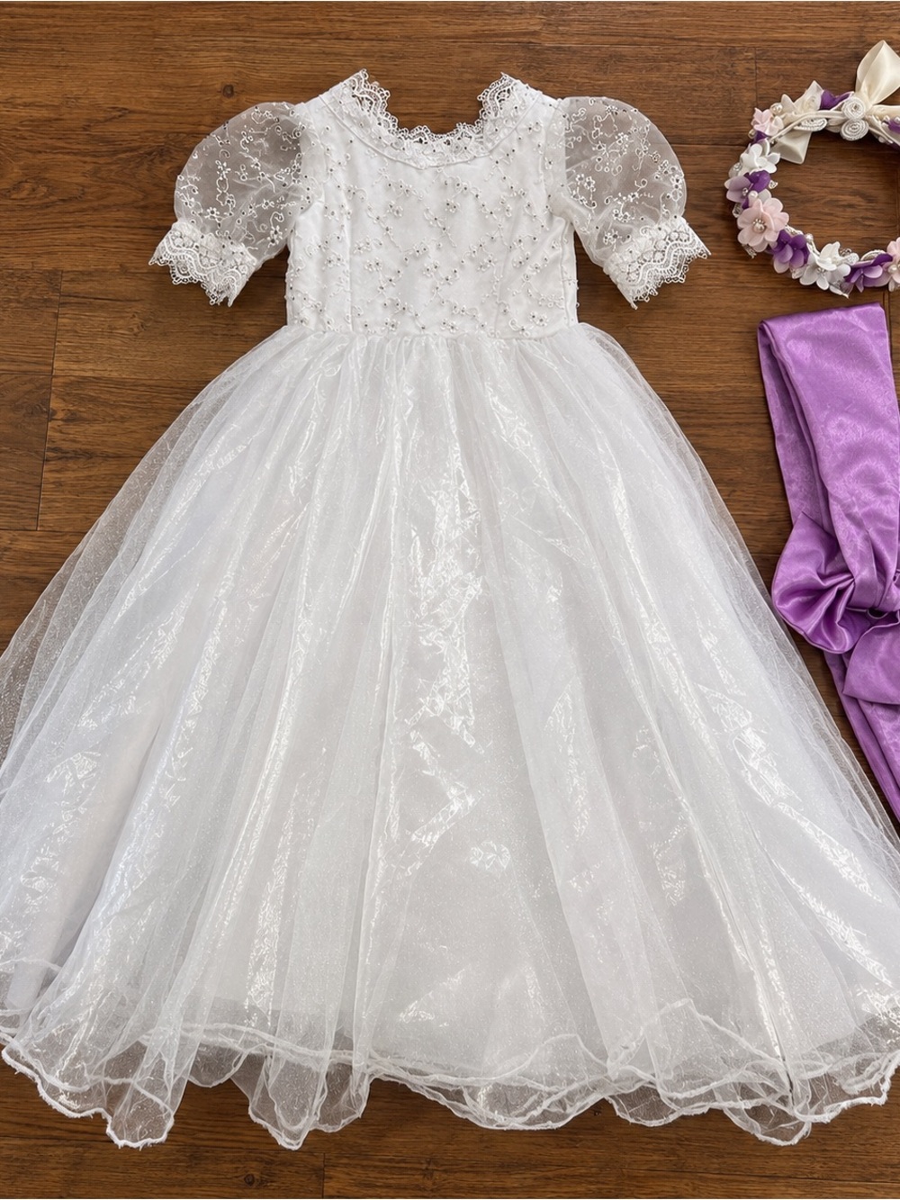 Tailor-Made White Special Occasion Dress + Accessories – Age 5